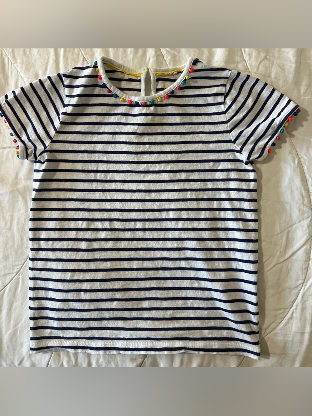 Boden Girls' Navy & White Striped Short Sleeve Top with Multicolor Pom Trim